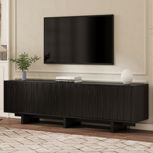 Meuble TV en bois grainé style Mid-Century avec porte ondulée pour téléviseurs 65+ pouces, console multimédia rustique avec espace de rangement, base robuste, meuble de salon - Product Image 1