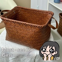 Panier de rangement tissé pour linge sale avec poignées en cuir PU, panier imitation rotin pour chambre et salle de bain