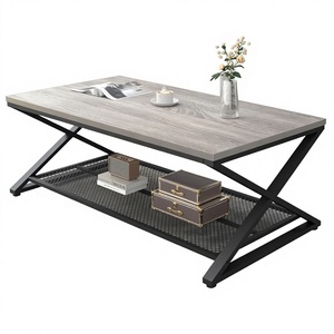 Table basse industrielle moderne avec plateau en bois, structure métallique, base en X, étagère de rangement, meubles de salon - Product Image 1