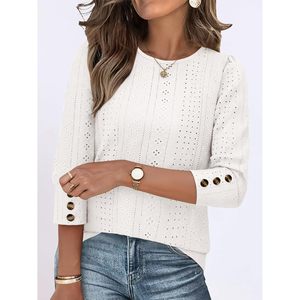 Chemisier à œillets pour femmes, manches 3/4 avec boutons, haut décontracté, chemise en popeline respirante, printemps-été, à porter au quotidien - Product Image 2