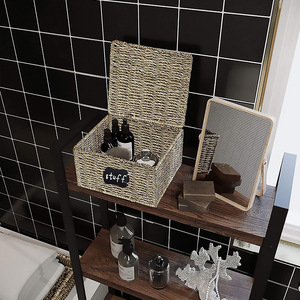 Handmade Straw Woven <b>Storage</b> Box With Lid Rectangle Clothing Organizer For Living Room Bedroom <b>Storage</b> <b>Basket</b> - Product Image 2