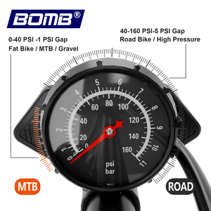 Pompe à pied pour vélo en acier BOMB 160 PSI avec valves Presta/Schrader et manomètre - Product Image 3