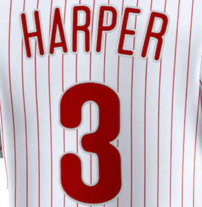 เสื้อเจอร์ซีย์ทีมทีม Philadelphia สีขาว-แดงลายทางมีกระดุมเสื้อเบสบอลเย็บติดแบบสั่งทำ #3ฮาร์เปอร์ - Product Image 5