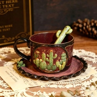 Mug à café en céramique bleu gris avec motif de cactus peint à la main et poignée noire, cuillère 3D en forme de cactus pour la maison et la cuisine