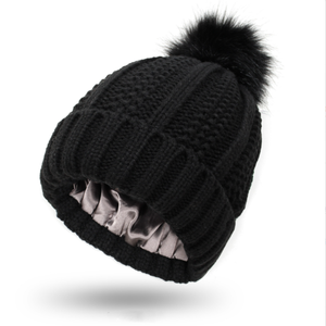 Womens Winter Thermal Knitted Faux Fur Pom <b>Beanie</b> Hat <b>Satin</b> <b>Lined</b> Hair Protection Hat - Product Image 3