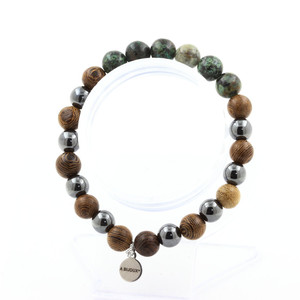 African Turquoise + Hematite + wood 8 mm <b>beads</b> <b>Bracelet</b>. Made in France - Product Image 2