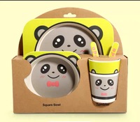 Aohea 5 Pièces/ensemble Bébé Bol Vaisselle Fourchette Cuillère Tasse Enfants Vaisselle En Fiber De Bambou Dessin Animé Séparation Plaque D'alimentation