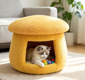 Cama para Mascotas de Felpa Suave Tipo Hongo, Casa Cueva Calmante para Gatos de Interior con Marco de Madera - Product Image 1