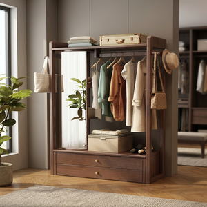 Modern Solid Wood Coat Rack with Mirror <b>Shelves</b> <b>Hooks</b> Freestanding Storage for Bedroom Living Room Furniture - Product Image 3