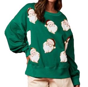 Sweat-shirt en coton French Terry vert à col rond 360 g/m² pour femme, broderie de paillettes de Noël, vente chaude - Product Image 2