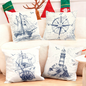 Bantal hias bertema bahari dengan gambar kapal, kompas, dan mercusuar untuk dekorasi rumah bergaya pantai - Product Image 1