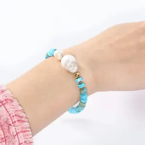 Высококачественный роскошный винтажный браслет из нержавеющей стали с натуральным камнем, голубой бирюзовый браслет с натуральным жемчугом для женщин и девочек