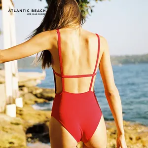 Atlantic Beach Cổ Vuông Phong Cách Pháp Backless Retro Phụ Nữ Một Mảnh Đồ Bơi Cho Bãi Biển Cô Gái Áo Tắm