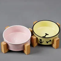 Cuenco de cerámica con marco de madera para perros y gatos, diseño de patrón, venta al por mayor, fabricante