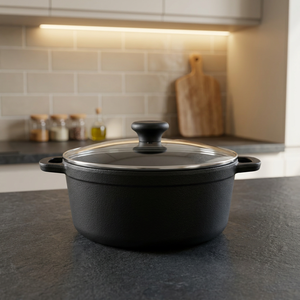 Cocotte en fonte avec couvercle en verre, revêtement céramique antiadhésif, poignée en acier inoxydable pour cuisinières à gaz et à induction, design moderne noir - Product Image 3