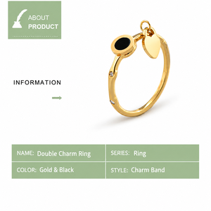 Gold and Black Double Charm <b>Ring</b> with Round Disc Heart Pendant and Scattered Clear Band Accents - Product Image 2