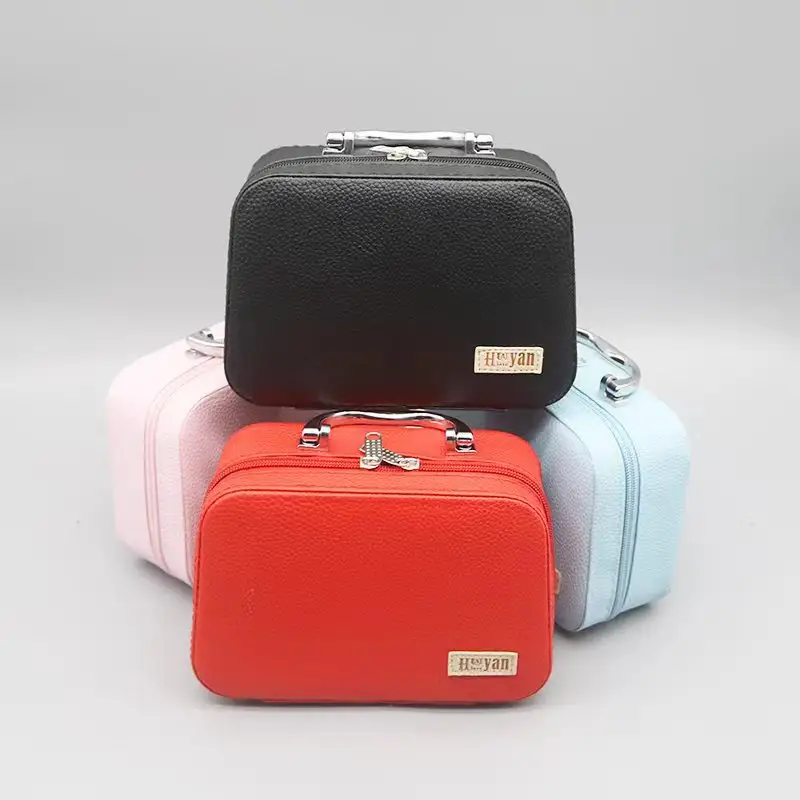 MOQ bajo Multi funcional Color sólido moda mujer maquillaje bolsa caja PU cuero viaje cosméticos caja de almacenamiento artículos de tocador bolsa caja