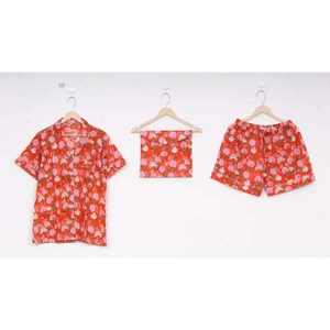 สินค้ามาใหม่ ชุดเซ็ต 2 ชิ้น ผ้าฝ้ายทอมืออินเดีย 100% ระบายอากาศได้ดี เอวยางยืด สไตล์ลำลองสำหรับฤดูใบไม้ร่วง แขนสั้น ลายบล็อกทำมือสำหรับผู้หญิง - Product Image 1