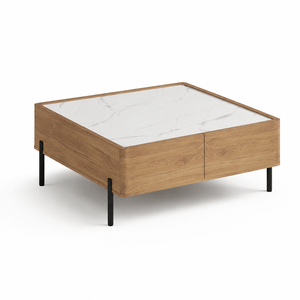 Table basse moderne à lattes avec étagère ouverte et pieds en métal pour salon - Product Image 1