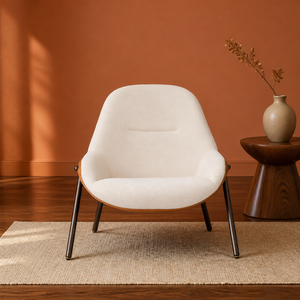 Sillón Boucle con Respaldo Redondeado, Sillón Blanco con Patas de Madera, Estilo Mid-Century para Sala de Estar, Dormitorio u Hotel - Product Image 2