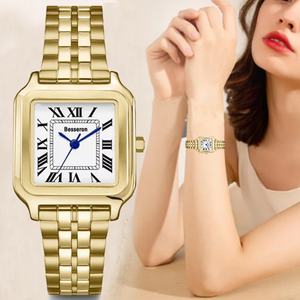 Reloj de Cuarzo Portátil de Lujo para Mujer, Acero Inoxidable Dorado, Caja Cuadrada de 26 mm, Esfera de Cristal, Diseño Simple y Elegante para Damas - Product Image 2