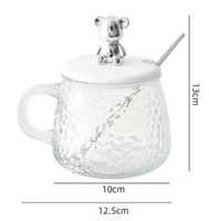 Tasse en verre martelé mignonne de 400 ml avec couvercle et poignée en forme d'ours argenté, écologique, résistante à l'ébullition, design classique pour café/thé, usage quotidien