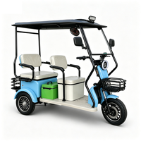 Tricycle électrique SumEV 3 places pour navette de resort, 60V 800W, avec auvent solaire, rideau de pluie et ventilateur, pour le transport des clients d'hôtels insulaires tropicaux