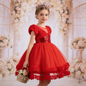 Girls Princess Dress Short Sleeve <b>Sequined</b> Mesh Pink Birthday Party Costume Size 625 - Product Image 3