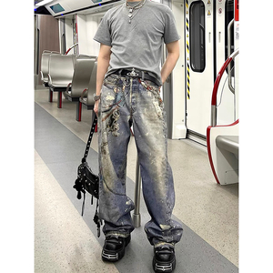 Jeans da <span class=keywords><strong>Uomo</strong></span> in Denim di <span class=keywords><strong>Cotone</strong></span> di Alta Qualità, Stampa Diretta a Getto d'Inchiostro, Effetto Graffiti, Distressed, Vestibilità Larga, Casual, Tintura Effetto Fango, Effetto Distrutto, Taglie Forti - Product Image 3