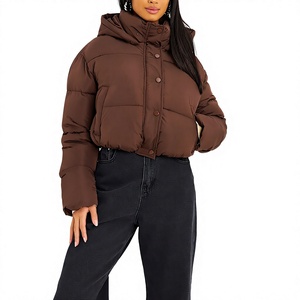 <b>Brown</b> Hooded Puffer Jacket Short Length Button Closure Windproof Winter Coat Casual Style Thick Polyester Wadding - Product Image 1