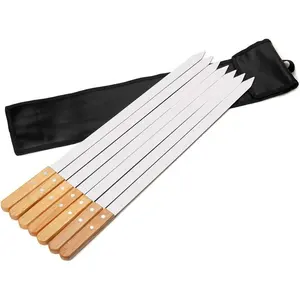Long 23-inch Stainless Steel Reusable BBQ Skewers Brazilian-Style Barbecue Kebab Skewers With Wood Handle
