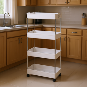 Chariot de rangement mobile à 4 niveaux en plastique blanc pour cuisine, salle de bain, buanderie - Product Image 2