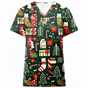 Blouses médicales personnalisées en gros pour Noël et Thanksgiving, imprimées, col en V, hauts de travail pour femmes avec poche - Product Image 2