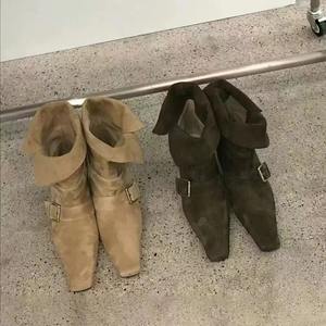 Botas de media pantorrilla para mujer 2026 de cuero genuino y ante, estilo retro, con punta cuadrada, tacón grueso, hebilla y diseño plegable 2 en 1. - Product Image 2