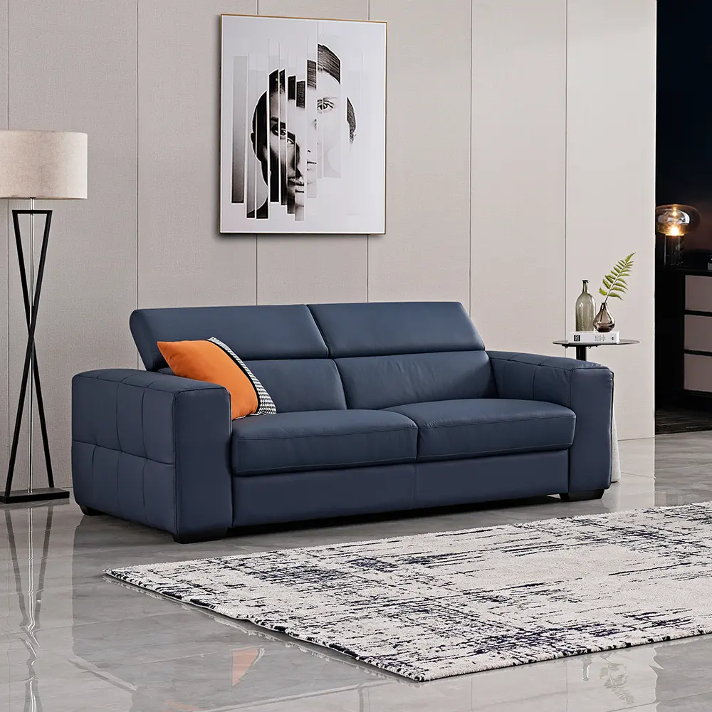 SUNLINK Italian Modern Living Room Dark Blue Sectional 2+3 Seater Leather Sofa Set
