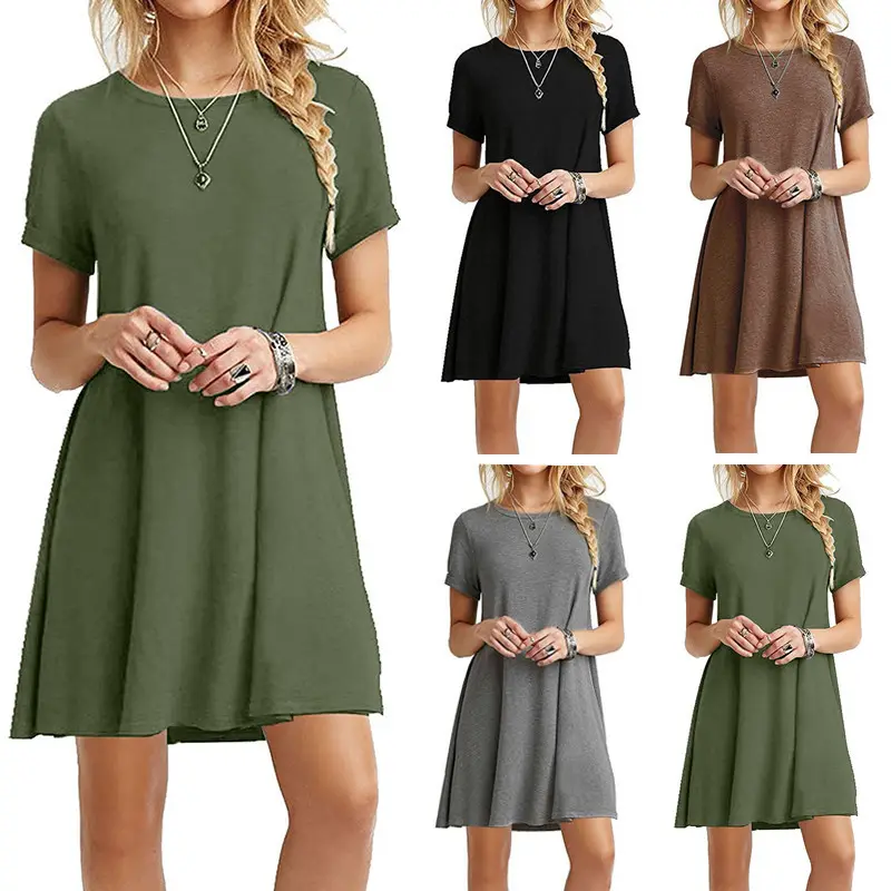 In style Women Summer Fashion O Neck Basic Short Sleeve T-Shirt Dress Women Casual Loose A-line mini straight Beach Dress