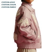 Blouson Bomber d'Hiver Rose Vintage Personnalisé en Similicuir PU Brodé avec Logo Chenille, Réversible, Imperméable et en Cuir Véritable Style Universitaire