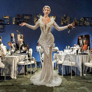 Robe de soirée longue sirène Ruolai LWC6689, élégante, à motif de perles de cristal, manches longues, col rond, écologique, pour l'été - Product Image 2