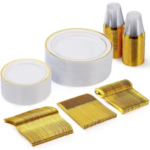 Thanh Lịch 150 Đếm Dùng Một Lần Flatware Đặt Phương Tây Vàng Dao Kéo Cho Các Bên Và Đám Cưới Nhựa Bộ Đồ Ăn