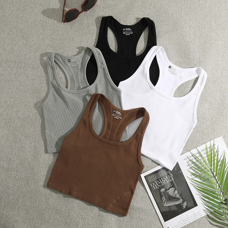 Round-neck Ribbed Knit with Solid Color Trim on the Back Sleeveless Workout Running Yoga Basic tank Top Women's Top