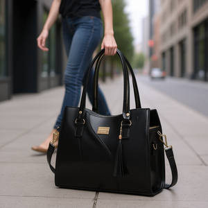 Sac à main noir en PU pour femme Fana Azyadeth M3735 avec deux poignées, fermeture éclair, décorations à pompons, style élégant, sac bandoulière - Product Image 2
