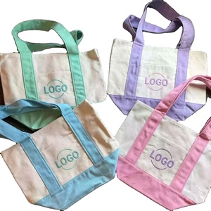 Reusable 12Oz Cotton Canvas <b>Mini</b> <b>Tote</b> With Front Pocket Multi Color Splicing Cute Shoppingtote <b>Bag</b> Custom Embroidered Logo - Product Image 1