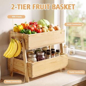 Panier de rangement en bois à double couche avec crochet pour bananes, pour fruits, légumes, collations, organisateur de bureau, forme rectangulaire - Product Image 4