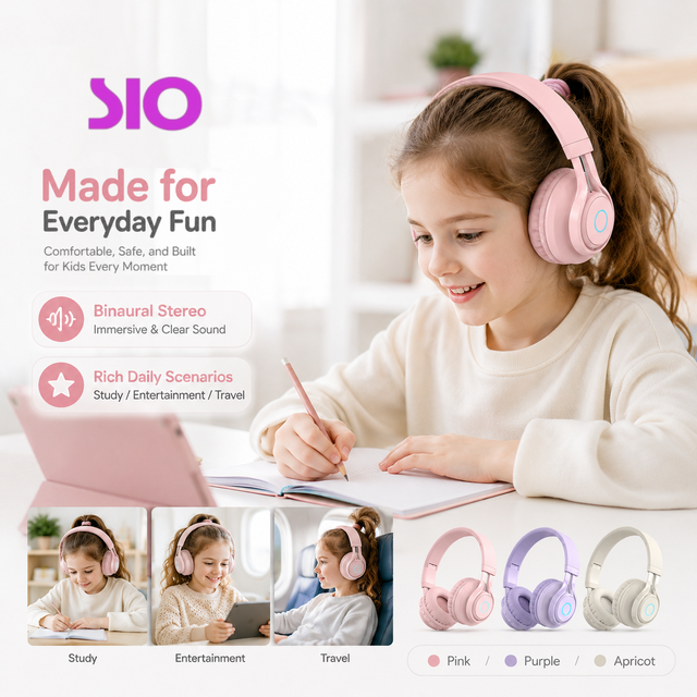 OEM ODM Kids Wireless 5.0 Headphones 85dB Hearing Protection LED Light Over Ear Headset Stereo Sound AUX 3.5mm