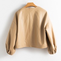 Veste chic en cuir véritable pour femme, coupe décontractée, épaules tombantes, manteau court, manches ballon, élégante, beige, vêtement d'extérieur tendance