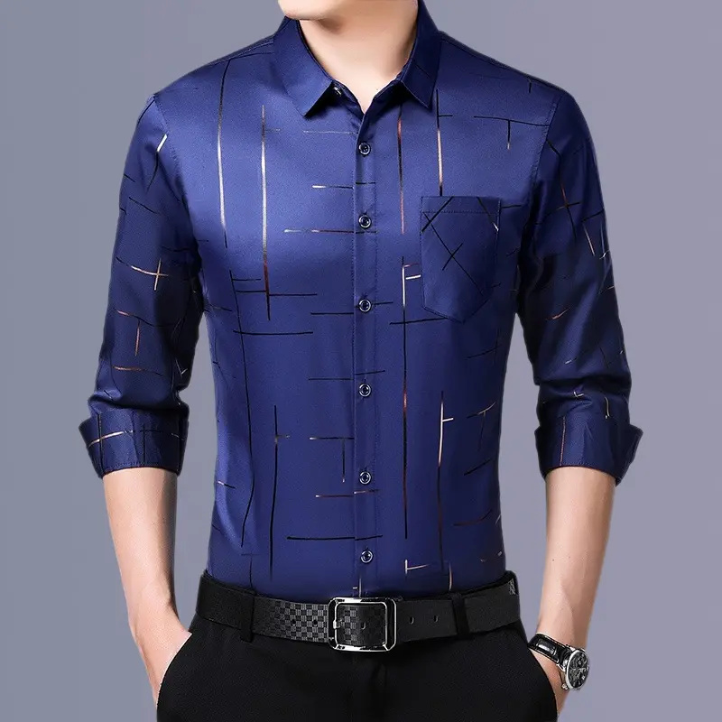 Hoge Kwaliteit Nieuwste Ontwerp Heren Knoop Up Lange Mouw Print Plus Size Shirts Effen Geverfde Geometrische Folie Business Shirts