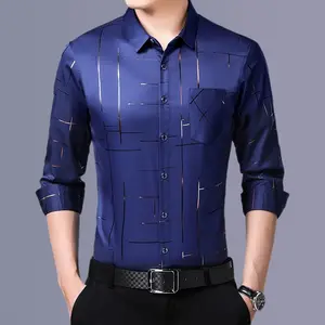 High Quality Newest Design Men's Button up long sleeve print plus size Shirts Plain Dyed Fabric Geometric Foil Business Shirts
