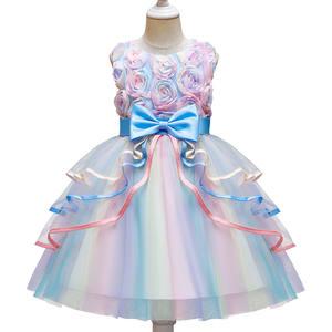 Robe de princesse florale pour filles, en tulle et maille, avec design en forme de dôme, volants, dentelle et nœud, pour fêtes et mariages - Product Image 6