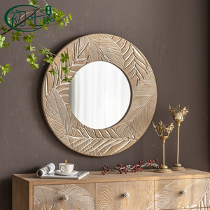 Espejo de pared redondo tallado retro con marco de madera hecho a mano, estilo rústico para entrada, dormitorio, baño. - Product Image 1