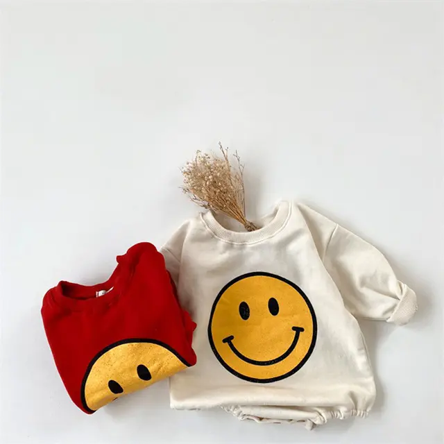 Custom Logo RTS Newborn Infant Toddler Boys Girls Clothes Long Sleeve Smiley Face 100% Cotton Baby Bodysuit